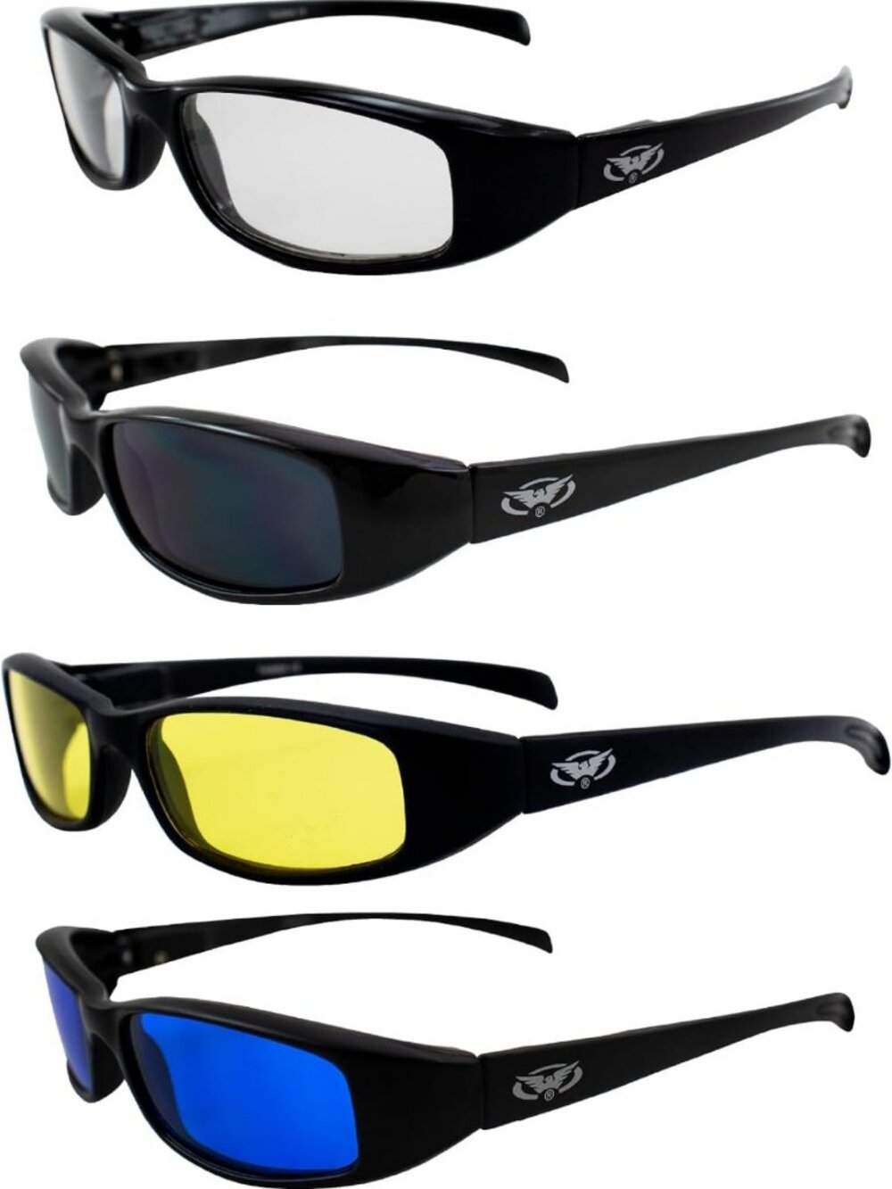 4 Pair Sport Motorcycle Riding Sunglasses - Black, Clear, Smoke, Yellow & Blue